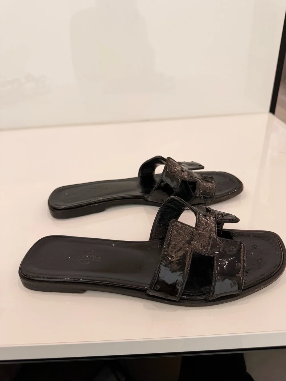 Hermes Black Patent Oran Slide Sandals for Women